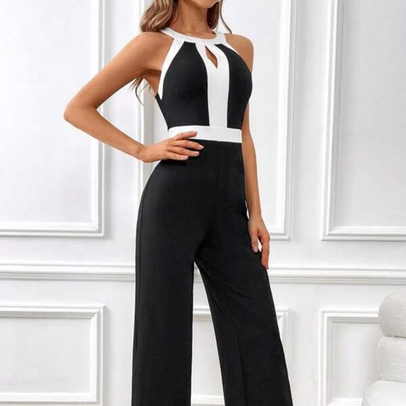Black and White Cut Out Wide Leg Halter Jumpsuit - Picture 4 of 5